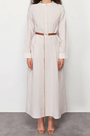 Moda Regular Casual Günlük Terrycotton Dokuma Hakim Yaka Uzun Kol A-Line Maxi Boy Tesettür Elbise