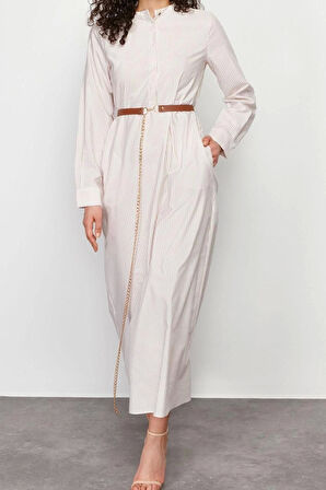 Moda Regular Casual Günlük Terrycotton Dokuma Hakim Yaka Uzun Kol A-Line Maxi Boy Tesettür Elbise