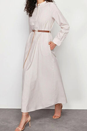 Moda Regular Casual Günlük Terrycotton Dokuma Hakim Yaka Uzun Kol A-Line Maxi Boy Tesettür Elbise