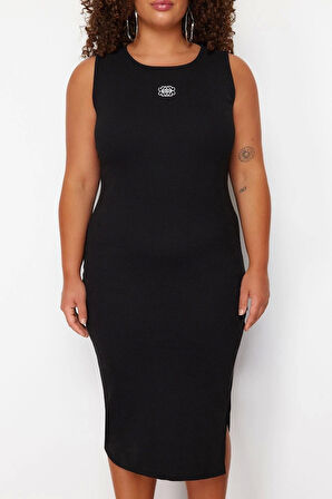 Moda Fit Casual Günlük Kaşkorse Örme Halter Yaka Kolsuz Kol Shift Midi Boy Büyük Beden Elbise