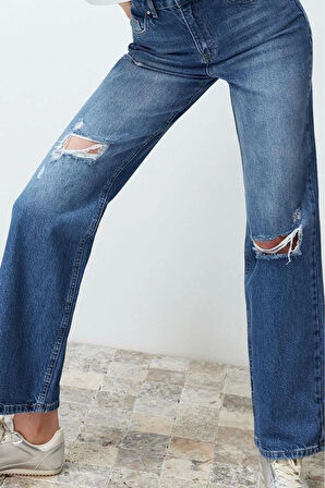 Stil Kadın Moda Denim Kot Pantolon Regular Geniş Paça Mavi Yırtıklı Yüksek Bel Jeans