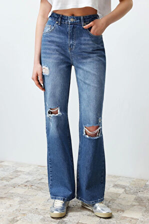 Stil Kadın Moda Denim Kot Pantolon Regular Geniş Paça Mavi Yırtıklı Yüksek Bel Jeans