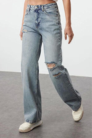 Stil Kadın Moda Denim Kot Pantolon Regular Geniş Paça Mavi Yırtıklı Yüksek Bel Jeans