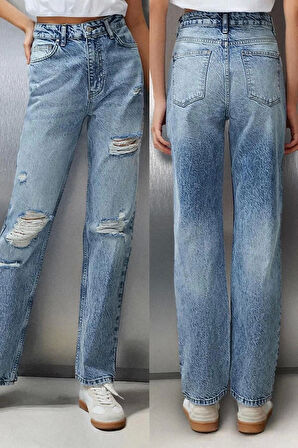 Stil Kadın Moda Denim Kot Pantolon Regular Boru Paça Mavi Yırtıklı Yüksek Bel Straight Jeans