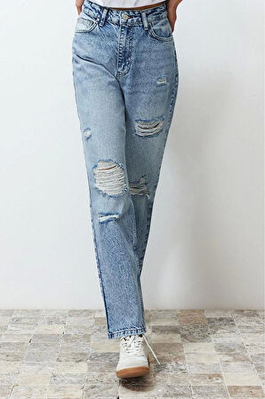 Stil Kadın Moda Denim Kot Pantolon Regular Boru Paça Mavi Yırtıklı Yüksek Bel Straight Jeans