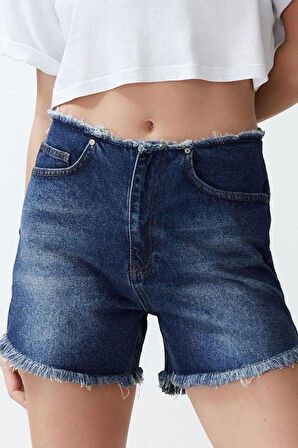 Moda Denim Yüksek Bel Geniş Paça Gündelik Mavi More Sustainable Beli Püsküllü Şort Bermuda