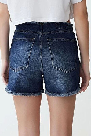 Moda Denim Yüksek Bel Geniş Paça Gündelik Mavi More Sustainable Beli Püsküllü Şort Bermuda