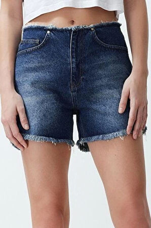 Moda Denim Yüksek Bel Geniş Paça Gündelik Mavi More Sustainable Beli Püsküllü Şort Bermuda