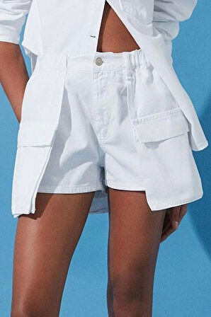 Moda Denim Yüksek Bel Geniş Paça Gündelik Beyaz Kargo Cepli Şort Etek