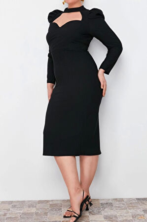 Moda Fit Kokteyl Finike Dokuma Dik Yaka Uzun Kol Anvelop Midi Boy Büyük Beden Elbise