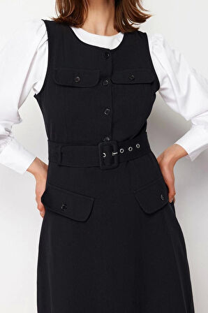 Moda Regular Casual Günlük Gabardin Dokuma U Yaka Kolsuz Kol Jile Maxi Boy Tesettür Elbise