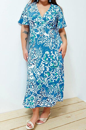 Moda Rahat Casual Günlük Shally Dokuma Kruvaze Kısa Kol Anvelop Maxi Boy Büyük Beden Elbise