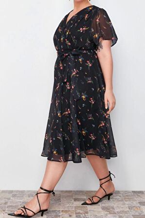 Moda Rahat Casual Günlük Şifon Dokuma Kruvaze Kısa Kol A-Line Maxi Boy Büyük Beden Elbise