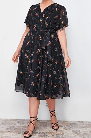 Moda Rahat Casual Günlük Şifon Dokuma Kruvaze Kısa Kol A-Line Maxi Boy Büyük Beden Elbise