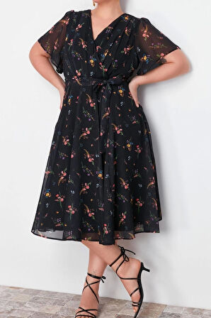 Moda Rahat Casual Günlük Şifon Dokuma Kruvaze Kısa Kol A-Line Maxi Boy Büyük Beden Elbise