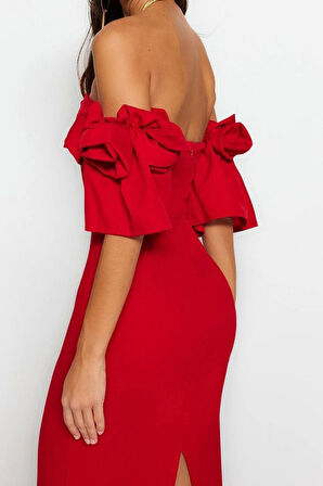 Moda Fit Mezuniyet Balo Finike Dokuma Kalp Yaka Kısa Kol Bodycone Midi Boy Elbise