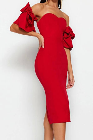 Moda Fit Mezuniyet Balo Finike Dokuma Kalp Yaka Kısa Kol Bodycone Midi Boy Elbise