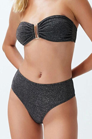 Moda Düz Straplez Yüksek Bel Straplez Aksesuarlı Simli Premium Kumaşlı Brazilian Bikini Takımı