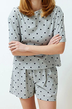 Tarz Rahat Kısa Kollu Boru Paça %100 Pamuklu Kalp Desenli T-shirt-Şort Örme Pijama Takımı