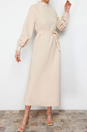 Moda Regular Casual Günlük Finike Dokuma Dik Yaka Uzun Kol Shift Maxi Boy Tesettür Elbise