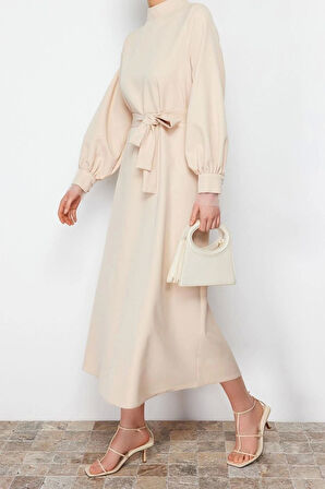 Moda Regular Casual Günlük Finike Dokuma Dik Yaka Uzun Kol Shift Maxi Boy Tesettür Elbise