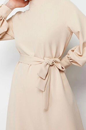 Moda Regular Casual Günlük Finike Dokuma Dik Yaka Uzun Kol Shift Maxi Boy Tesettür Elbise