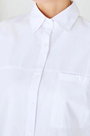 Moda Kadın Tesettür Gömlek Yaka Günlük Balon Kol Arkası Uzun Cep Detaylı Basic Dokuma Gömlek