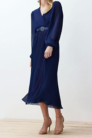 Moda Regular Gündüz Gece Şifon Dokuma Kruvaze Uzun Kol A-Line Maxi Boy Elbise