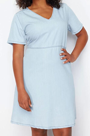 Moda Rahat Casual Günlük Rigid Denim V Yaka Kısa Kol A-Line Mini Boy Büyük Beden Elbise