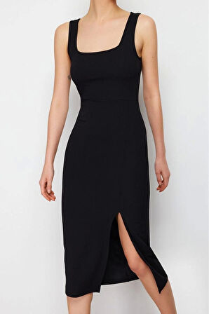 Moda Stil Slim Kare Yaka Midi Boy itted Vücuda Oturan Yırtmaçlı Esnek Örme Kalem Elbise