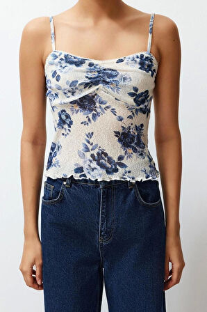 Moda V Yaka Örme Slim Baskılı Desen Casual Günlük Crop Askılı Kol Bluz