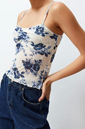 Moda V Yaka Örme Slim Baskılı Desen Casual Günlük Crop Askılı Kol Bluz