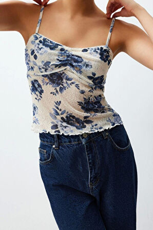 Moda V Yaka Örme Slim Baskılı Desen Casual Günlük Crop Askılı Kol Bluz
