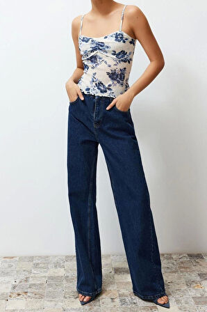 Moda V Yaka Örme Slim Baskılı Desen Casual Günlük Crop Askılı Kol Bluz
