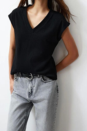 Moda V Yaka Örme Slim Fit Düz Desen Casual Günlük Regular Kısa Kol Bluz