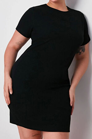 Moda Fit Casual Günlük Kaşkorse Örme Bisiklet Yaka Kısa Kol Bodycone Mini Boy Büyük Beden Elbise