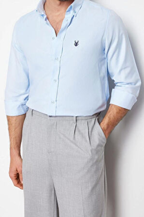 Moda Erkek Düğmeli Yaka Düz Desen Günlük Nakışlı Smart Gömlek