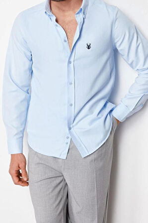 Moda Erkek Düğmeli Yaka Düz Desen Günlük Nakışlı Smart Gömlek