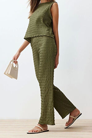 Moda Bisiklet Yaka Casual Günlük Dokulu Regular Normal Kalıp Sıfır Kol Esnek Örme Alt-Üst Takım