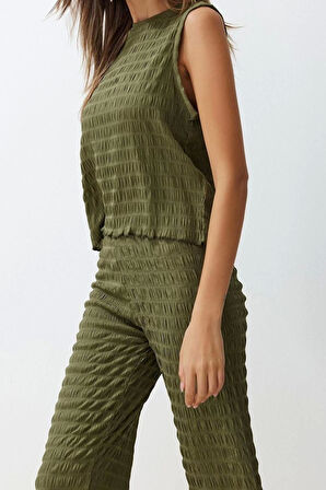 Moda Bisiklet Yaka Casual Günlük Dokulu Regular Normal Kalıp Sıfır Kol Esnek Örme Alt-Üst Takım