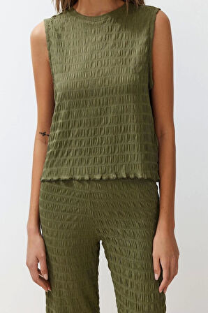 Moda Bisiklet Yaka Casual Günlük Dokulu Regular Normal Kalıp Sıfır Kol Esnek Örme Alt-Üst Takım