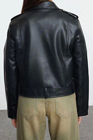 Tasarım Düz Astarlı Yaka Standart Regular Ceket Kadın Regular Suni Deri Biker Ceket Mont