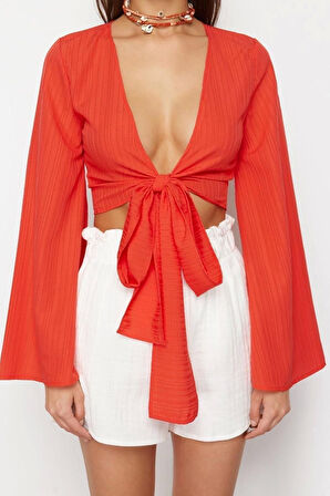 Moda V Yaka Dokuma Relaxed Düz Desen Plaj Crop Uzun Kol Bluz