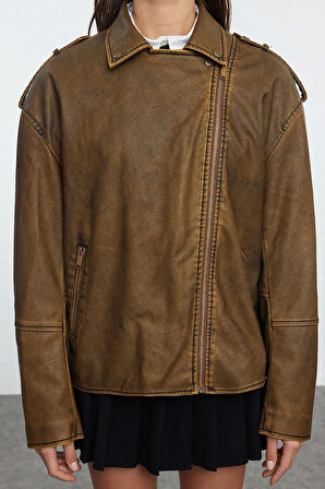 Tasarım Düz Astarlı Yaka Standart Oversize Ceket Kadın Yıkama Efektli Suni Deri Biker Ceket Mont