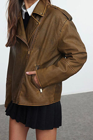 Tasarım Düz Astarlı Yaka Standart Oversize Ceket Kadın Yıkama Efektli Suni Deri Biker Ceket Mont