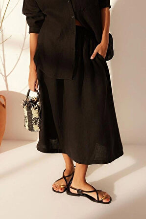 Moda Denim Düz Desen Günlük Midi Boy %100 Keten Beli Lastikli Midi Etek