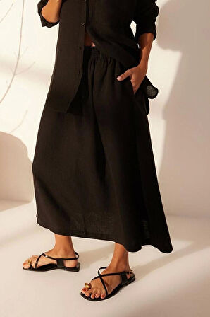 Moda Denim Düz Desen Günlük Midi Boy %100 Keten Beli Lastikli Midi Etek