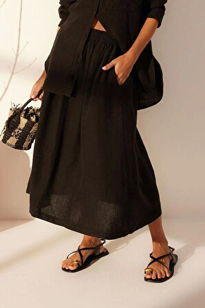 Moda Denim Düz Desen Günlük Midi Boy %100 Keten Beli Lastikli Midi Etek