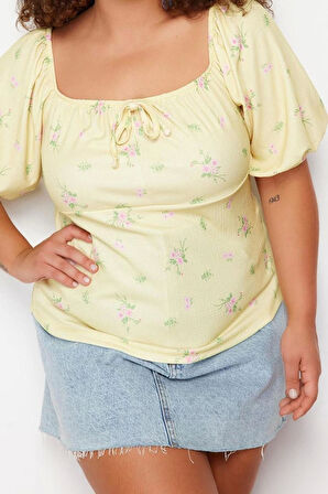 Moda Büyük Beden Kare Yaka Örme Fit Çiçekli Desen Casual Günlük Regular Kısa Kol Bluz
