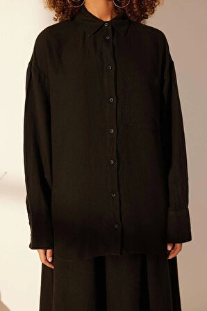 Moda Kadın Gömlek Yaka Düz Desen Günlük %100 Keten Oversize Gömlek